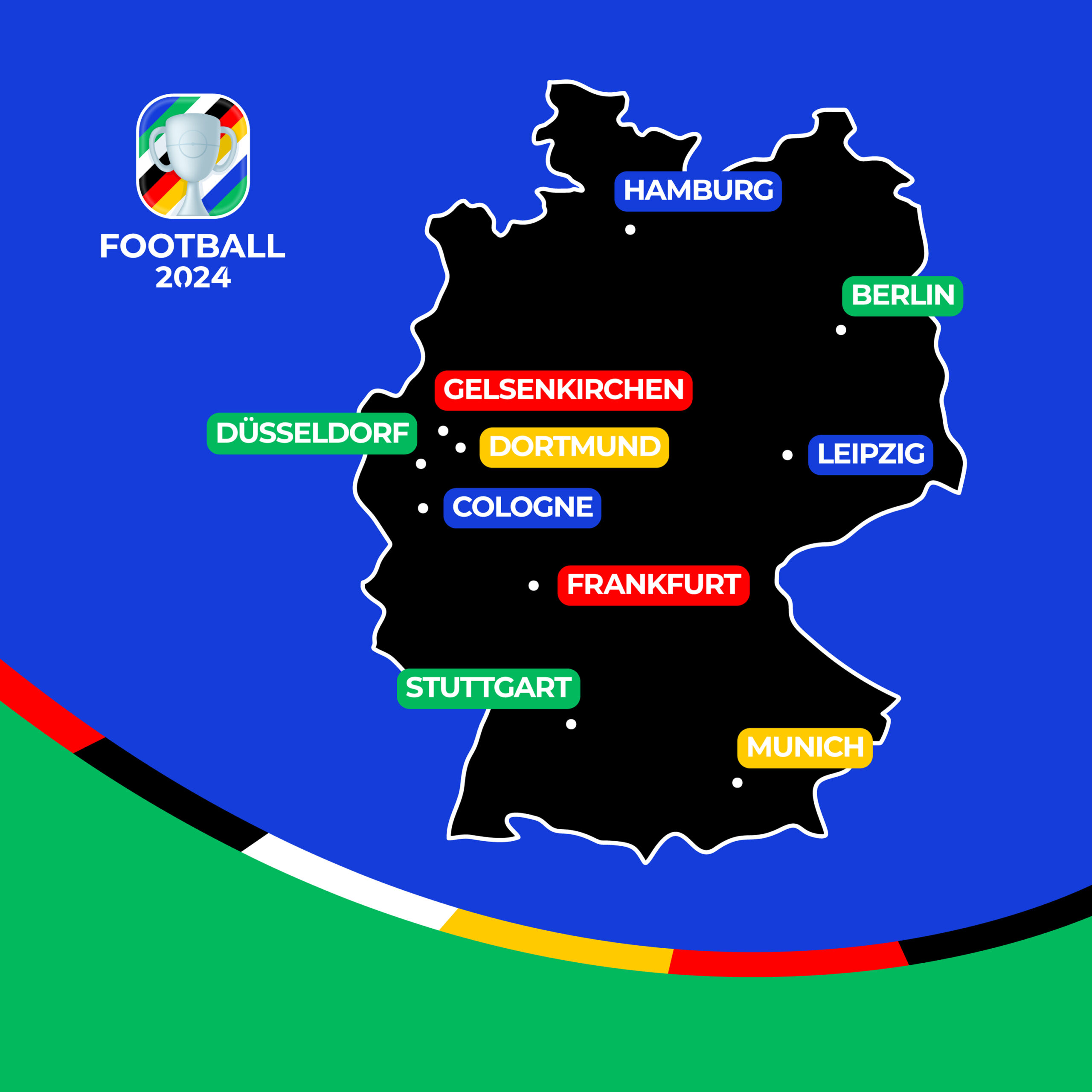 EURO2024のドイツ開催都市の地図